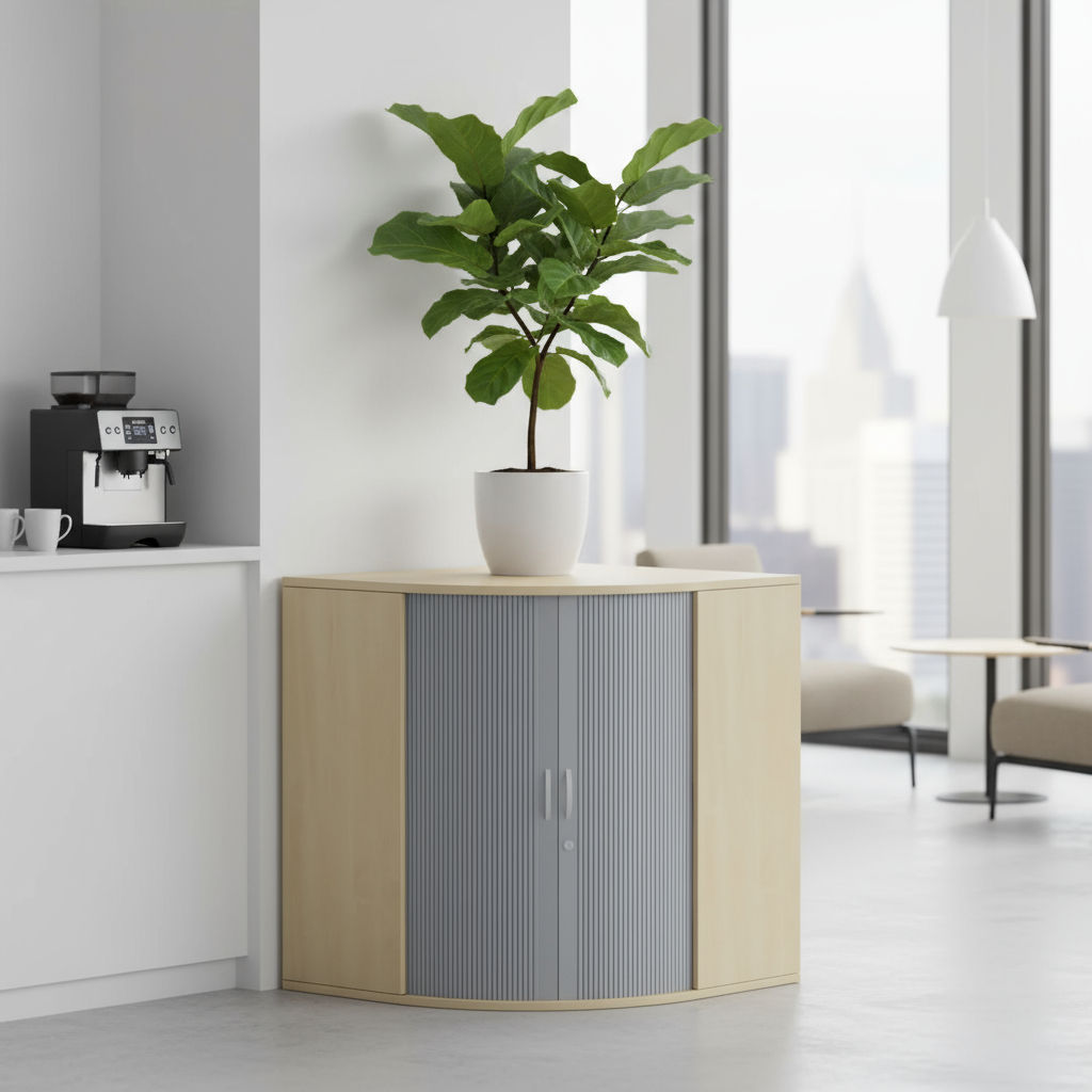 Eck-Rollladenschrank Pro 3OH mit Ordnerrondell zur optimalen Nutzung von Büroecken