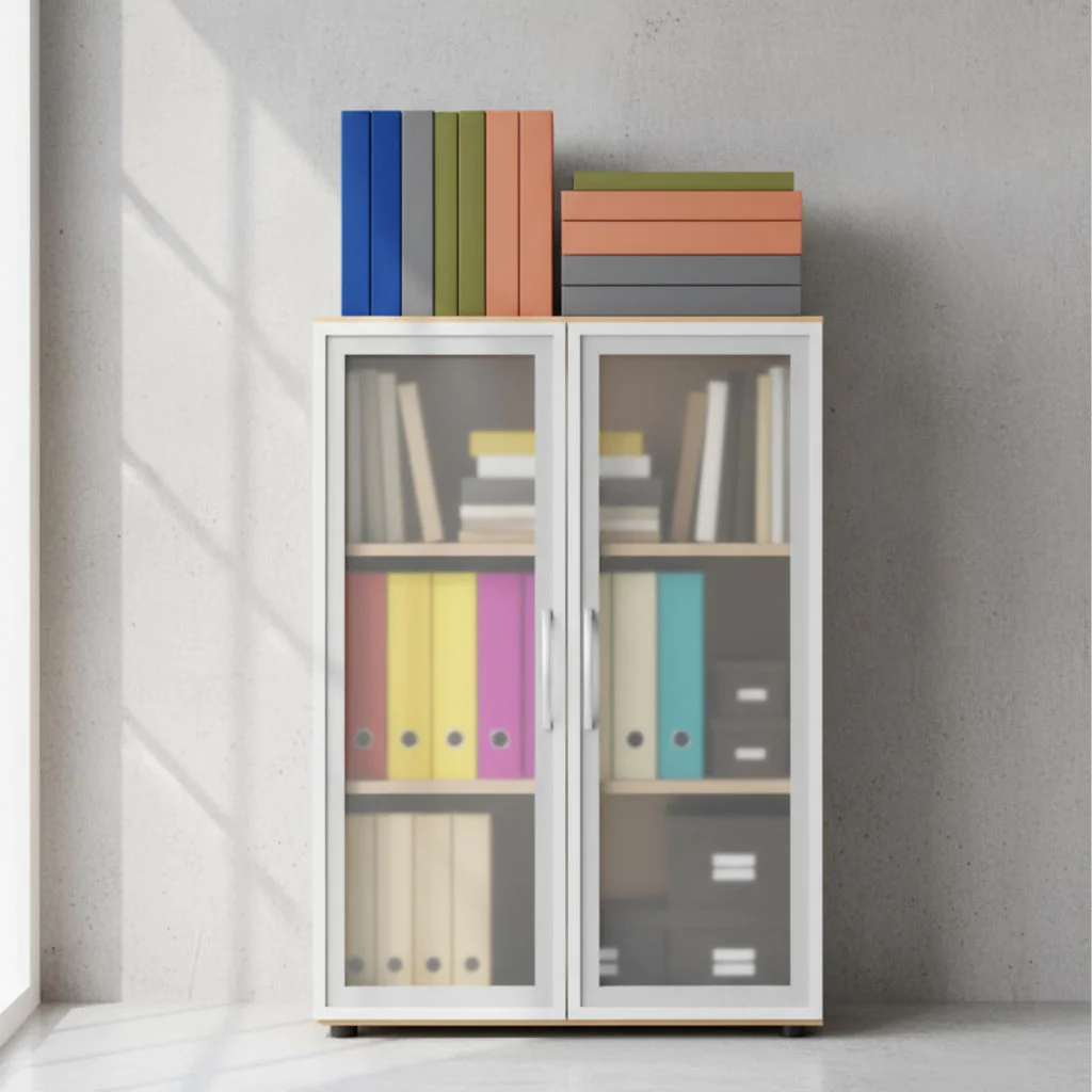 Eleganter Aktenschrank Flex 3OH mit Glastüren als Sideboard im Büro