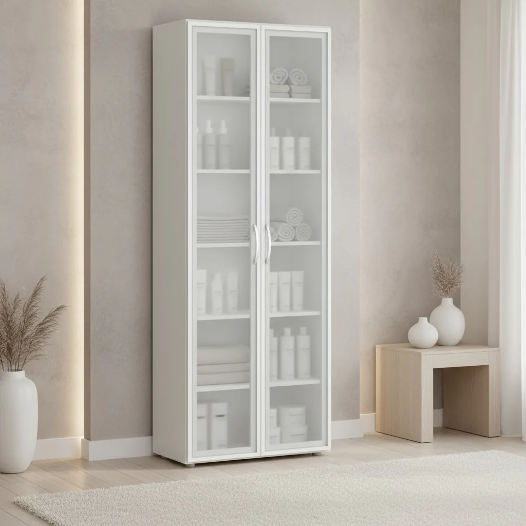 Hoher Aktenschrank Flex 6 OH mit satinierten Glastüren im modernen Büro