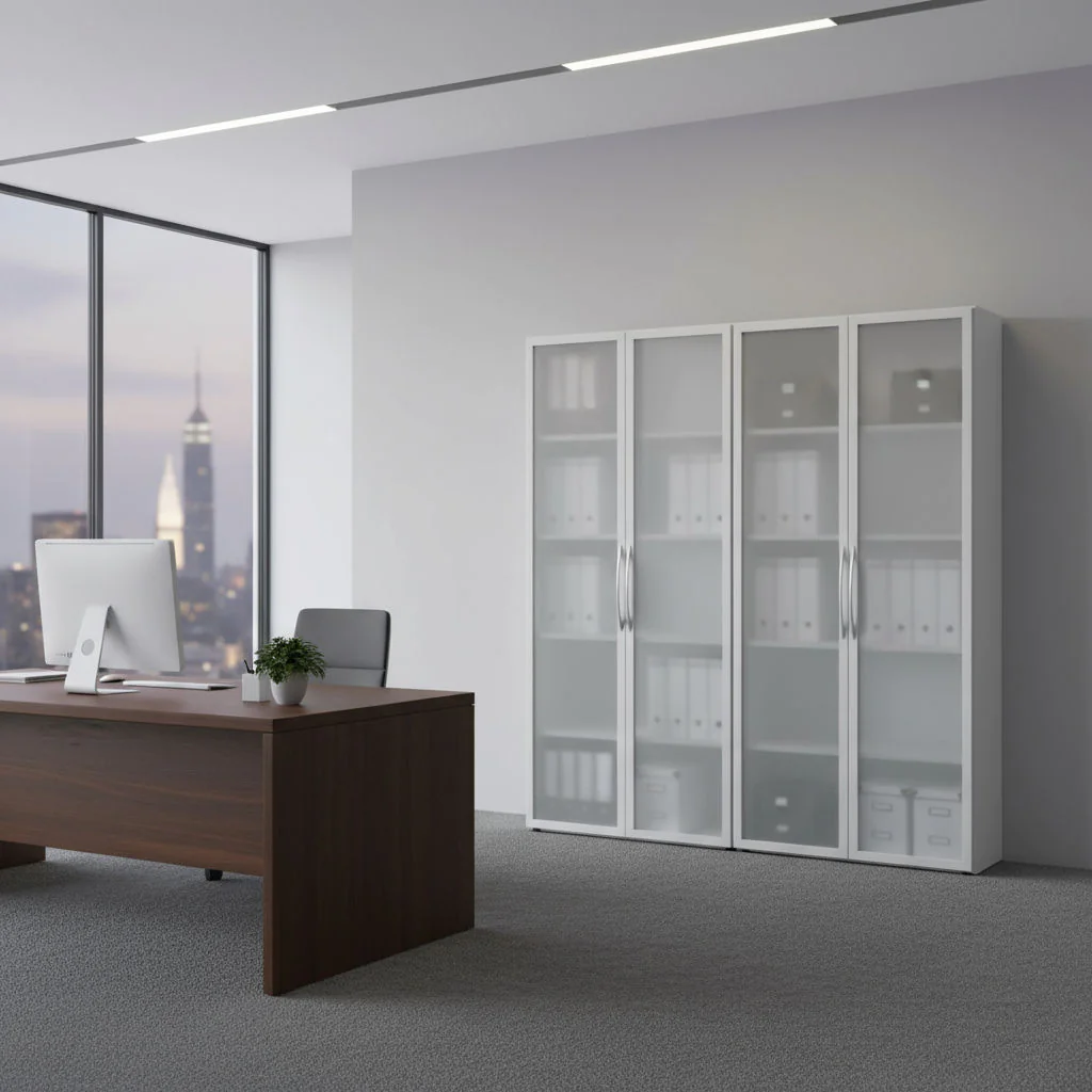 Büroschrank Glas 5 OH Basic in einem modernen und hellen Büroumfeld