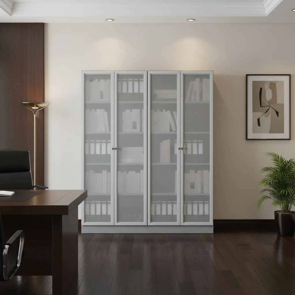 Glastürenschrank 5 OH Solid mit satinierten Glastüren im modernen Büro