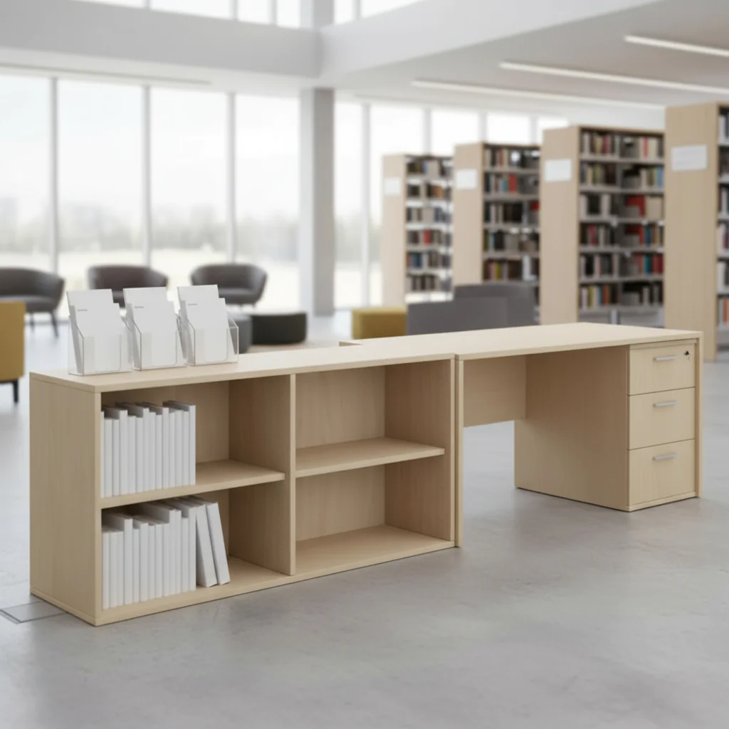 Anstellregal Pro 2OH als nahtlose Erweiterung neben einem Schreibtisch im Büro