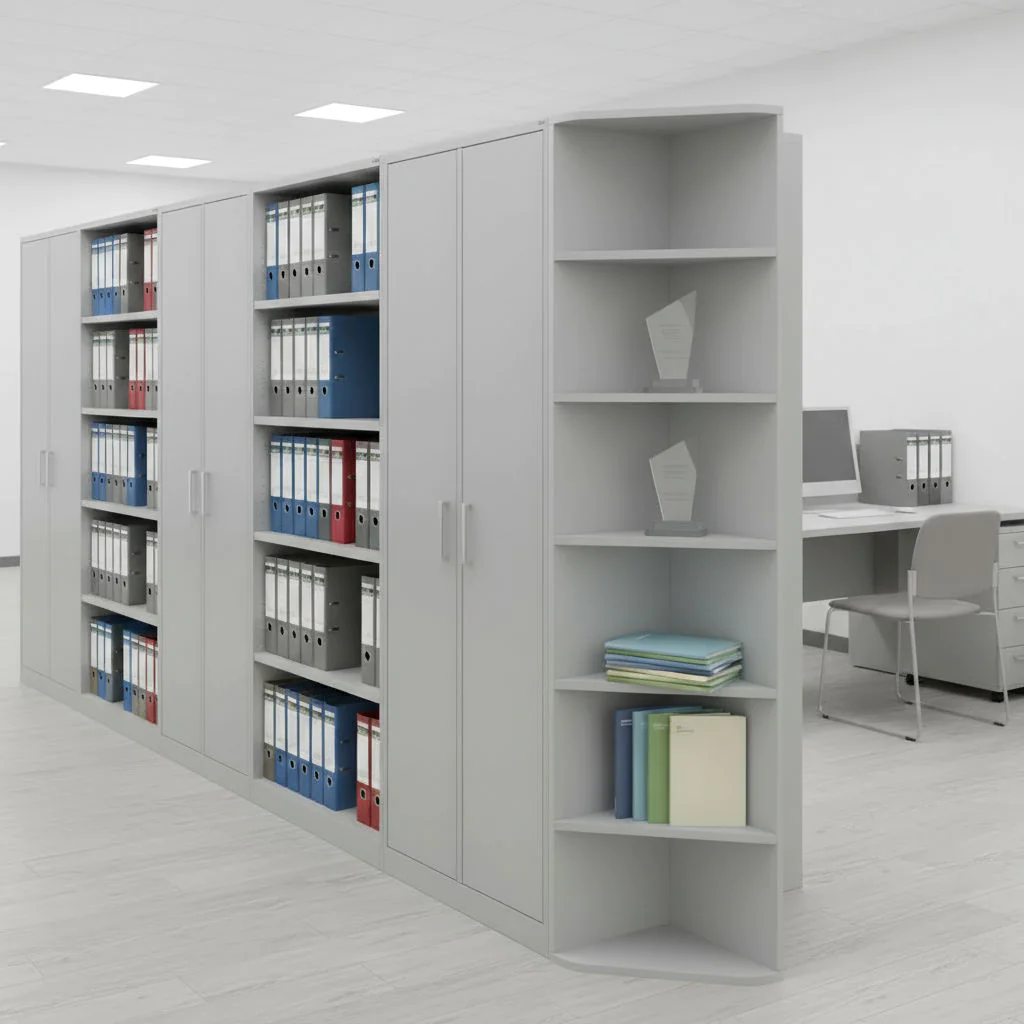 Eckregal Pro 6OH zur intelligenten Nutzung von Raumecken im Büro