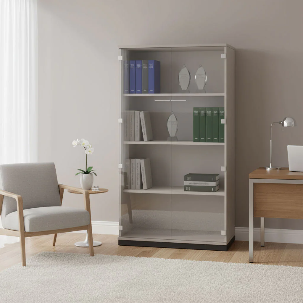 SQart Glasflügeltürenschrank als transparenter und eleganter Stauraum im Büro