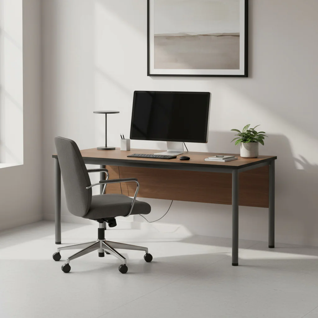 Klassischer Schreibtisch E10 mit Rundrohr 4-Fuß-Gestell in einem modernen Büro