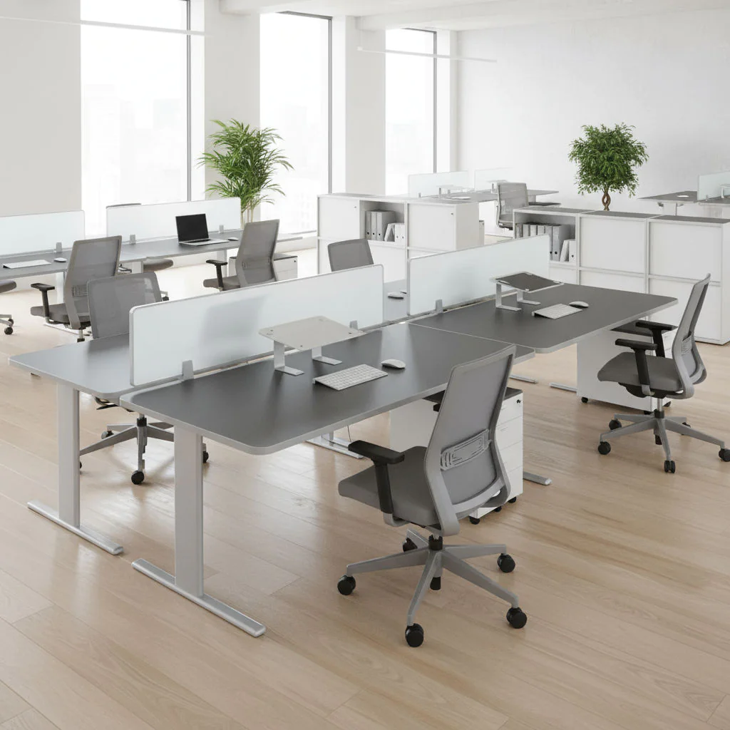 Schreibtisch Unic mit markanter Silber-Kante in einem modernen Design-Büro