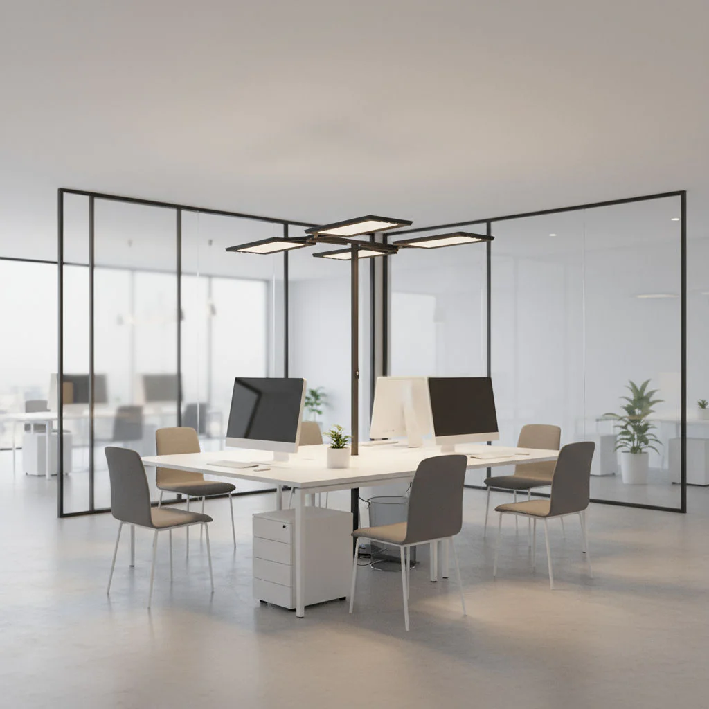 Stehleuchte YARA.quadH zur perfekten Ausleuchtung eines 4er-Team-Arbeitsplatzes