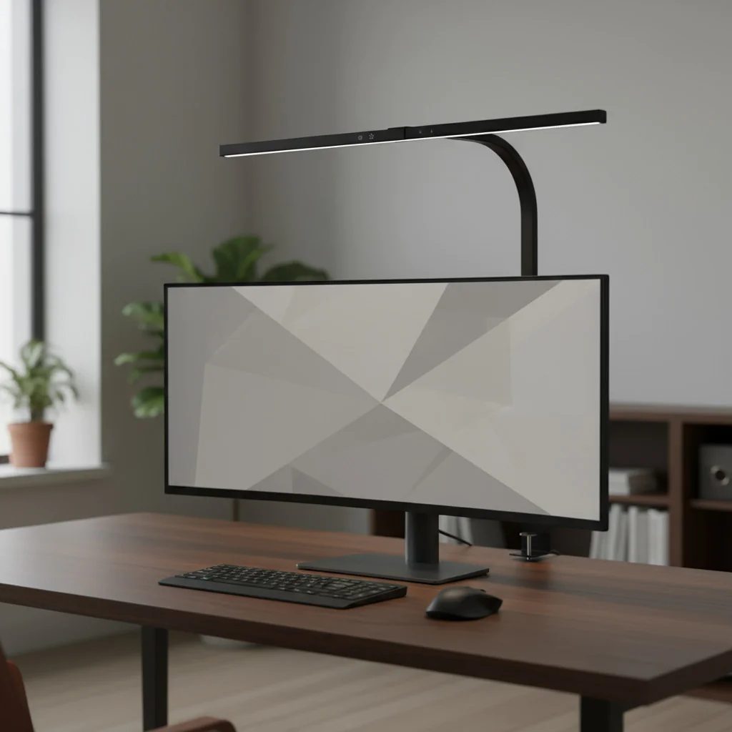 LED-Schreibtischleuchte Strata zur optimalen Ausleuchtung eines Doppelmonitor-Arbeitsplatzes