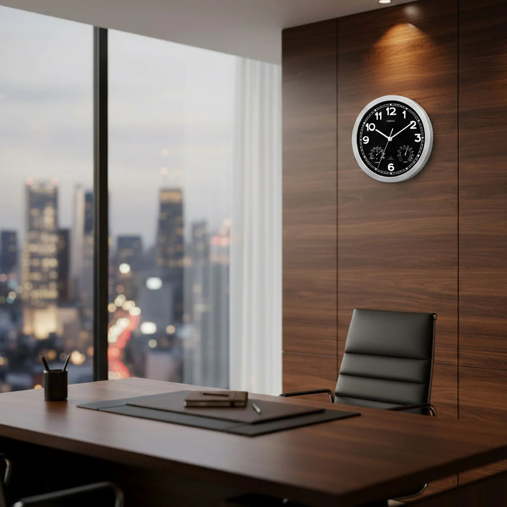 Detailansicht des übersichtlichen Ziffernblatts der Wanduhr Drive mit Thermometer und Hygrometer