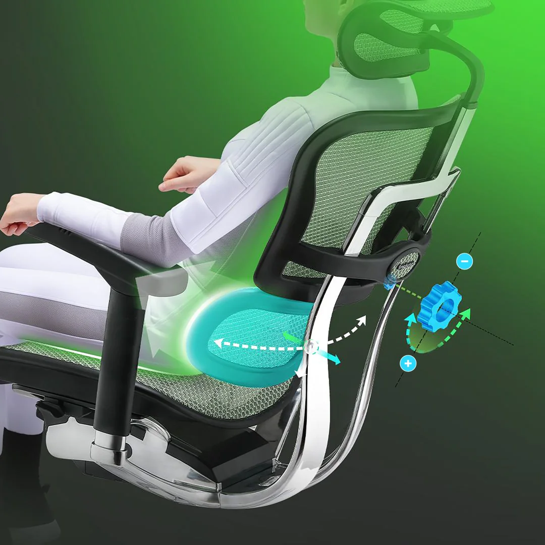 Detailansicht der 5D-Armlehnen und der flexiblen Lordosenstütze