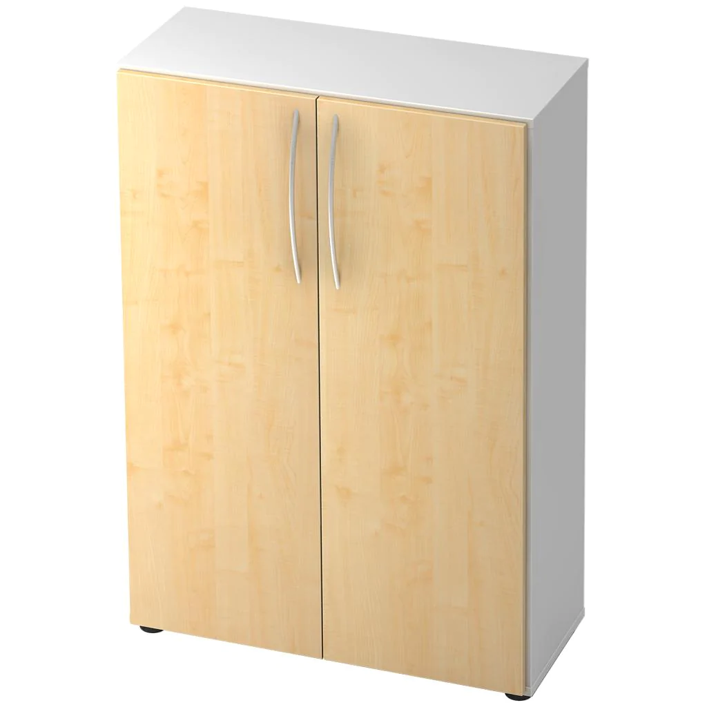 Der Büroschrank 3 OH Basic als praktischer Anstellschrank neben einem Schreibtisch