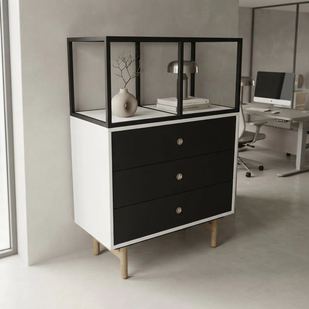 Bisley Bridge Schubladenschrank mit geöffneten Schubladen und Regaltop