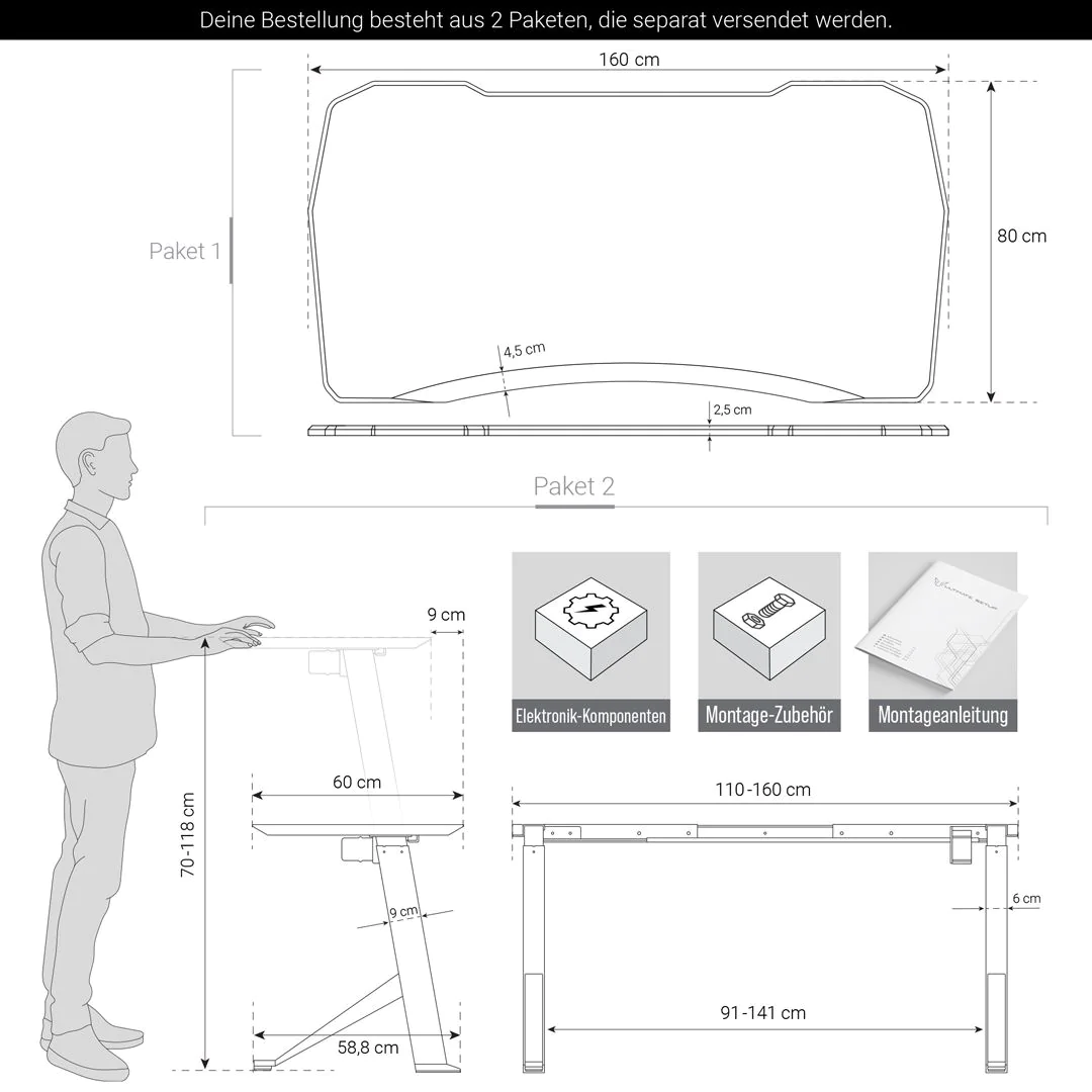 Gaming Schreibtisch, 140-180 cm, elektrisch höhenverstellbar, 1 Motor von Ultimate Setup - Produktbild 16 von 16