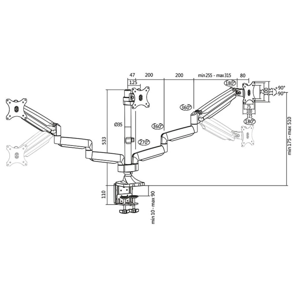 Monitorhalterung 3-fach 13-32" 2x Gasdruckfeder von LogiLink - Produktbild 7 von 9