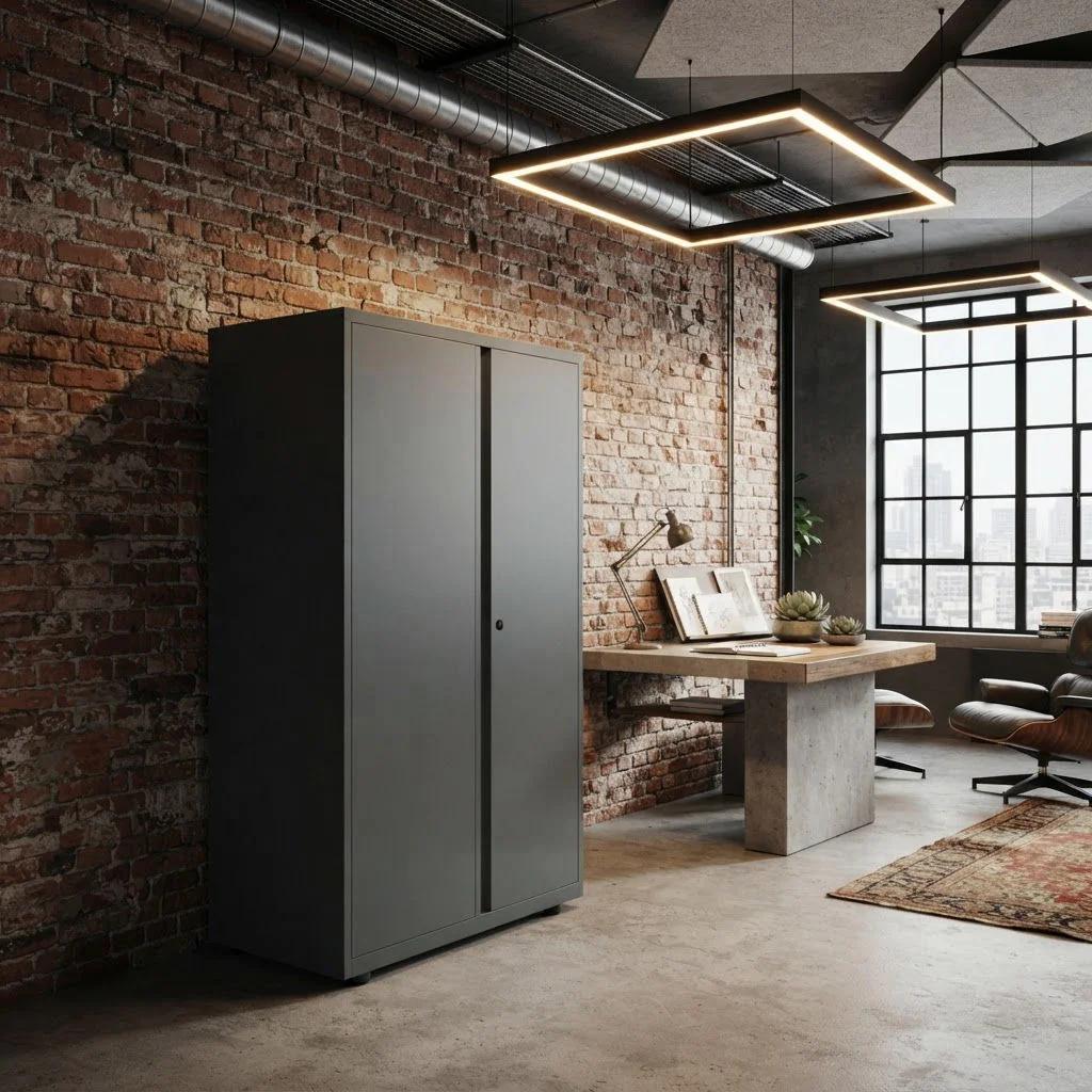 Bisley Flügeltürenschrank LateralFile 80 cm breit mit geöffneten Flügeltüren und Einlegeböden