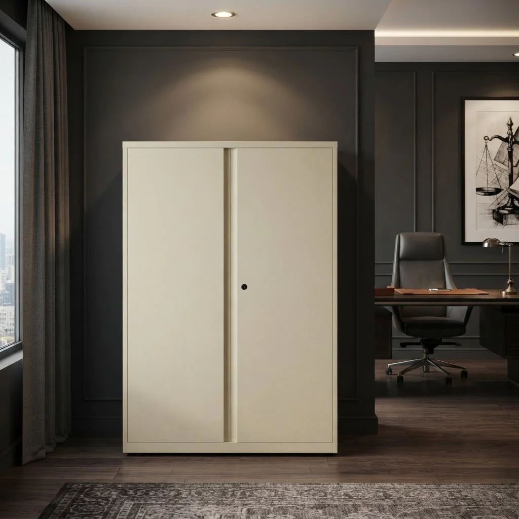 Bisley Flügeltürenschrank SystemFile 100 cm breit mit geöffneten Flügeltüren und Einlegeböden