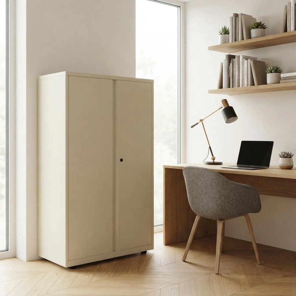 Bisley Flügeltürenschrank SystemFile 80 cm breit mit geöffneten Flügeltüren und Einlegeböden