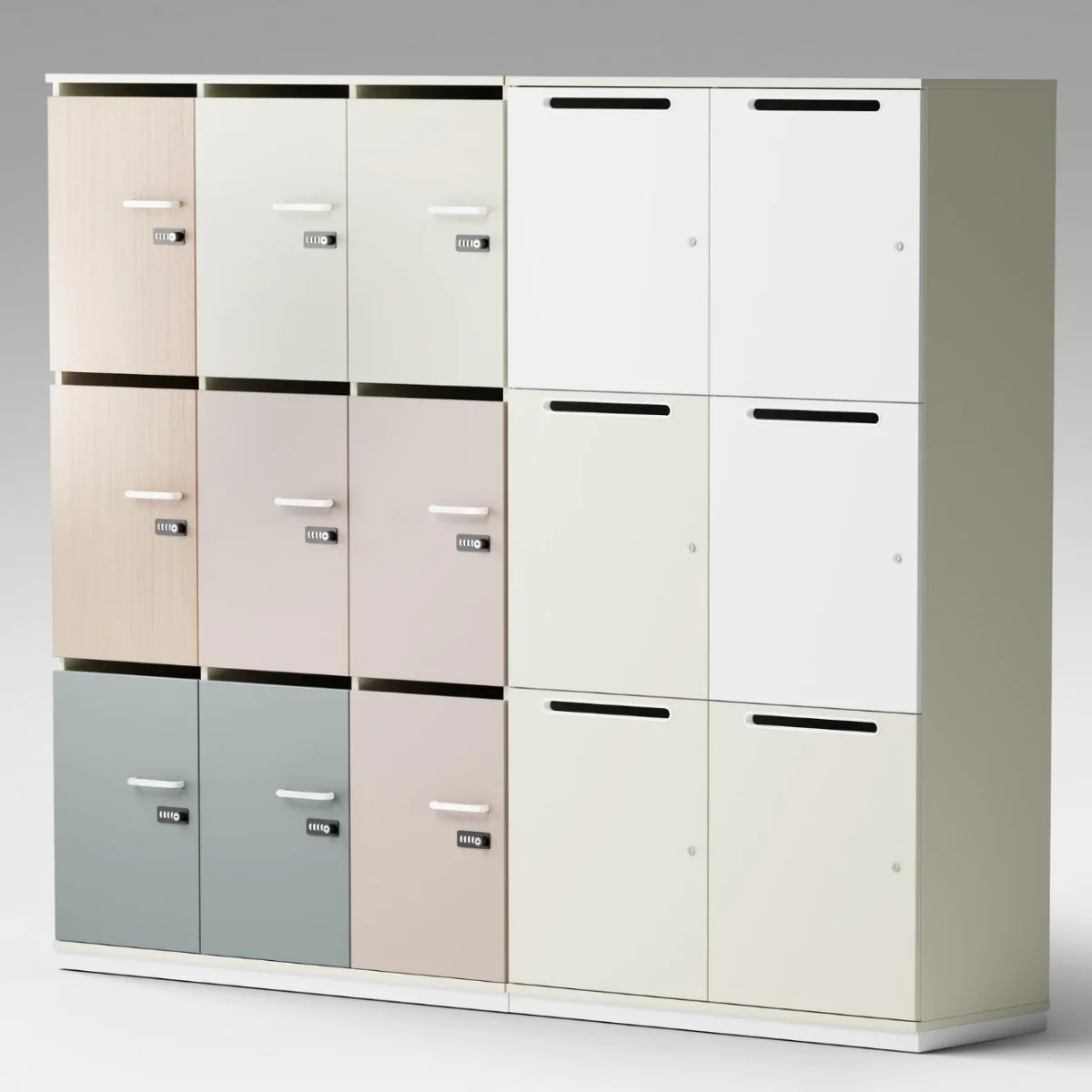 Modulares Puzlo Schließfachsystem in einer modernen Bürolandschaft