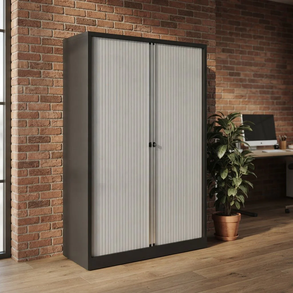 Bisley Rollladenschrank Essentials 100 cm breit mit geöffneter Rollladentür und Einlegeböden