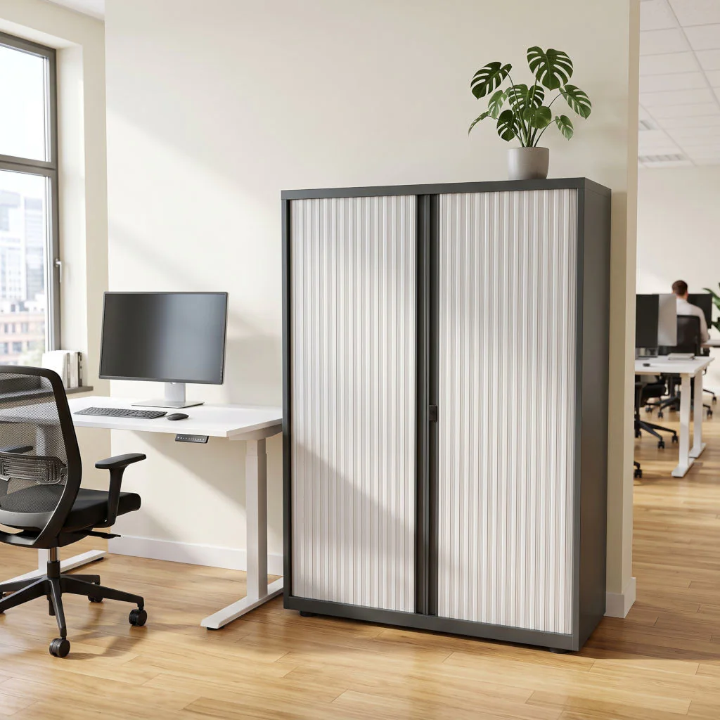 Bisley Rollladenschrank LateralFile 100 cm breit mit geöffneter Rollladentür und Einlegeböden