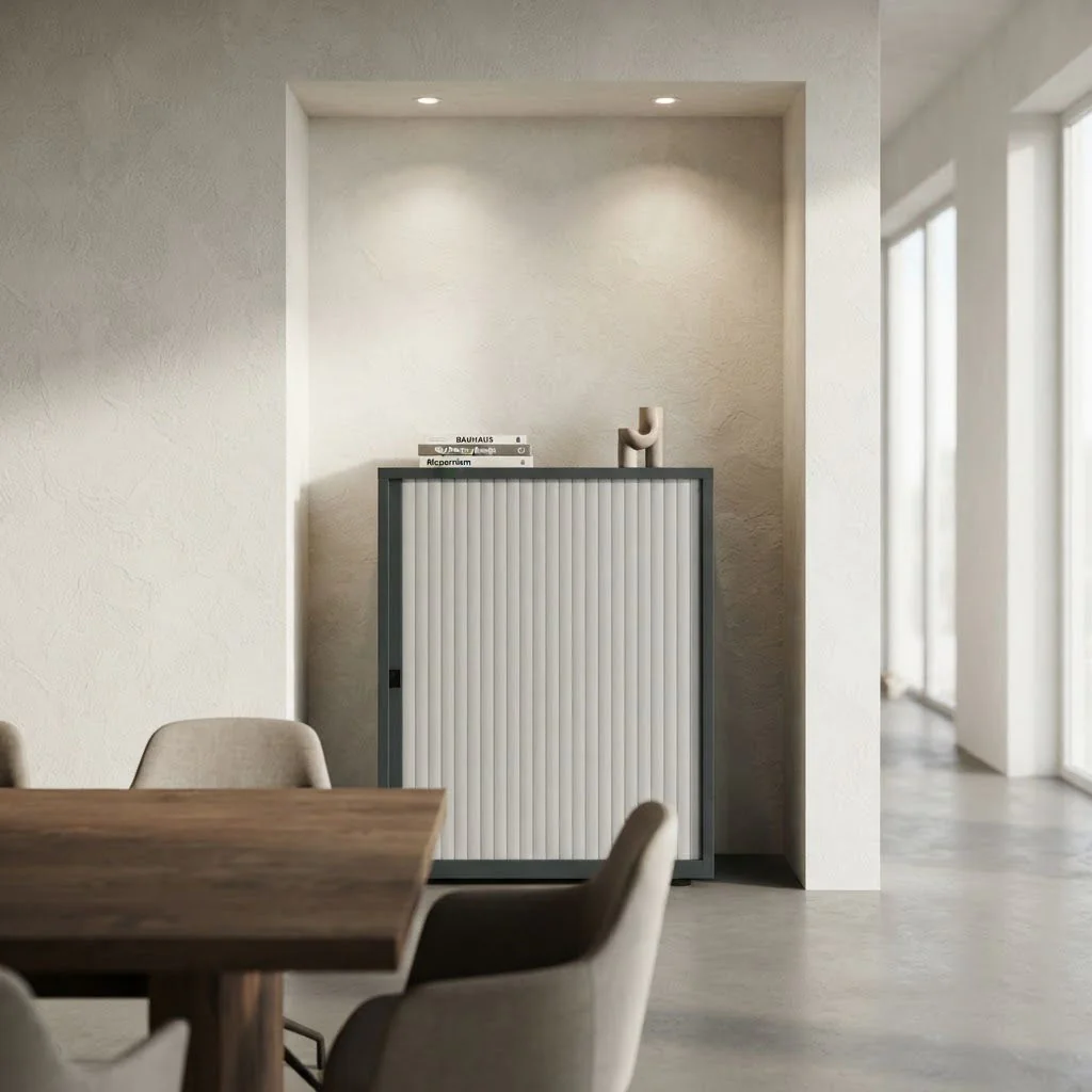 Bisley Rollladenschrank LateralFile 80 cm breit mit geöffneter Rollladentür und Einlegeböden