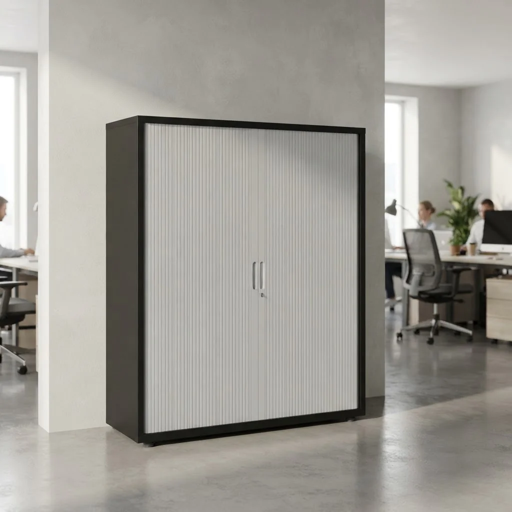 Bisley Rollladenschrank SystemFile 120 cm breit mit geöffneter Rollladentür und Einlegeböden