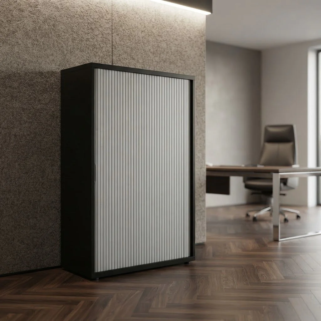 Bisley Rollladenschrank SystemFile 80 cm breit mit geöffneter Rollladentür und Einlegeböden