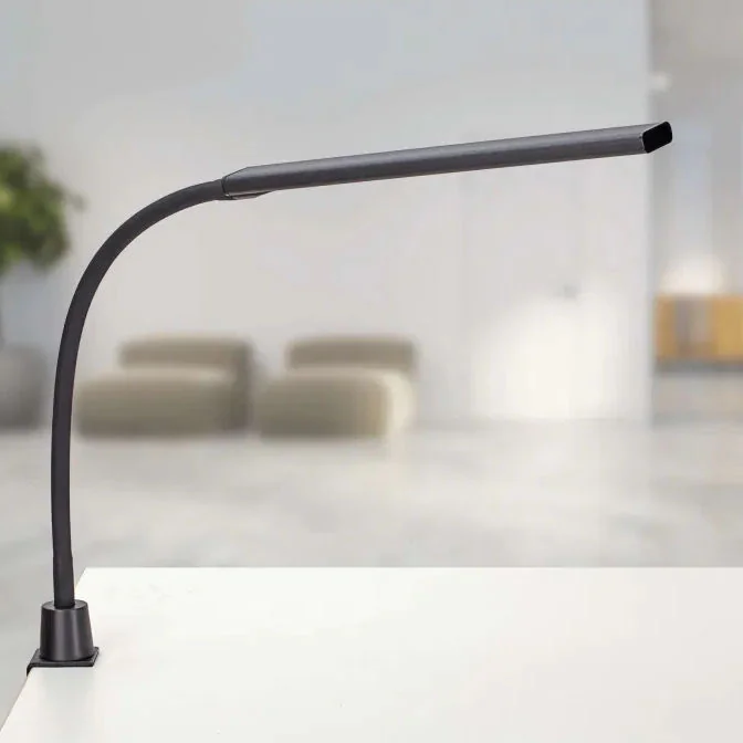 Schwarze LED-Tischleuchte MAULpirro mit flexiblem Arm und Klemmfuß