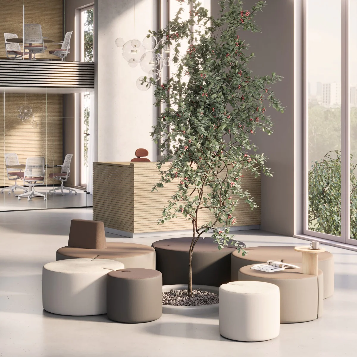 Modulares Pouf-System Tri.ply als skulpturales Element in einer kreativen Lounge