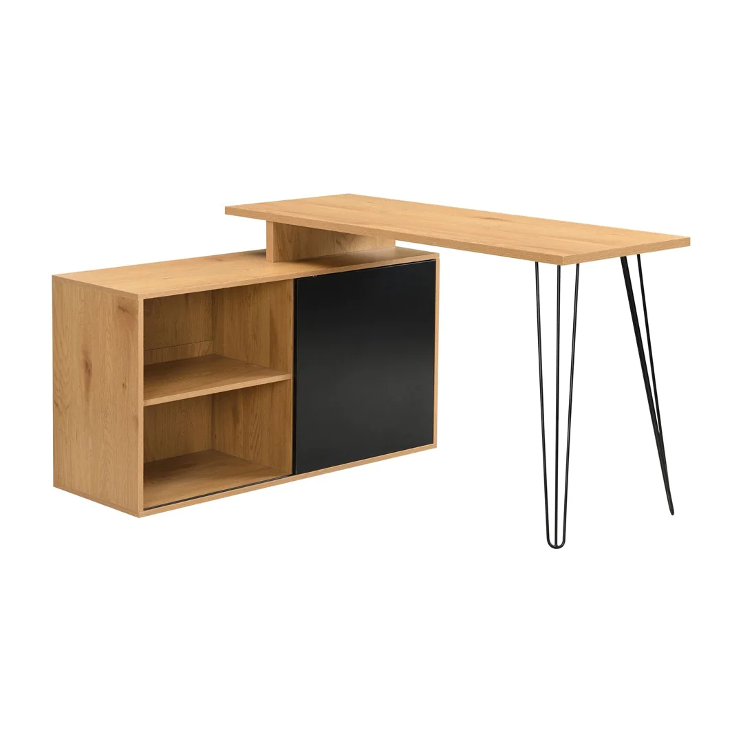 Eckschreibtisch MDF 130 cm L-Form mit Regal - Eiche-Dekor/Schwarz