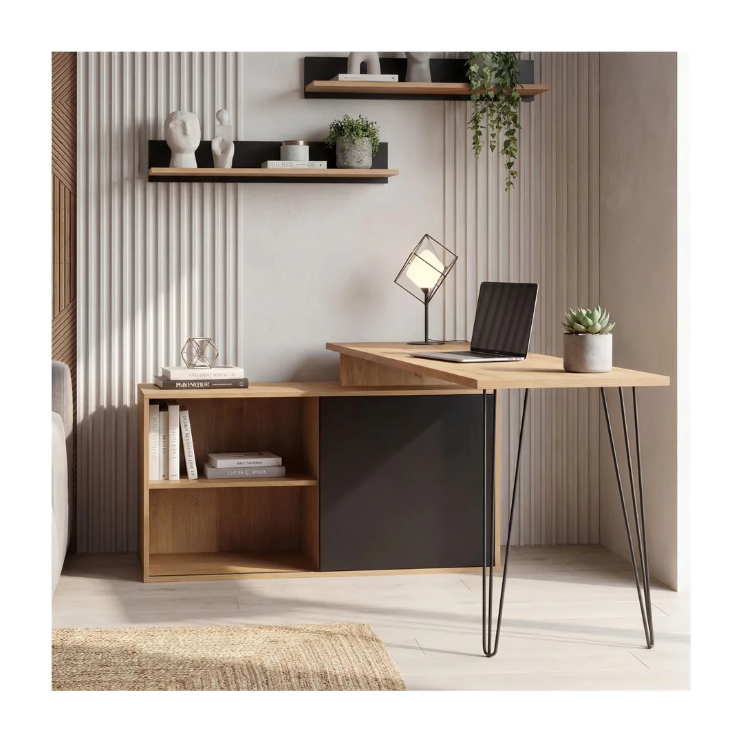 Eckschreibtisch MDF 130 cm L-Form mit Regal - Eiche-Dekor/Schwarz