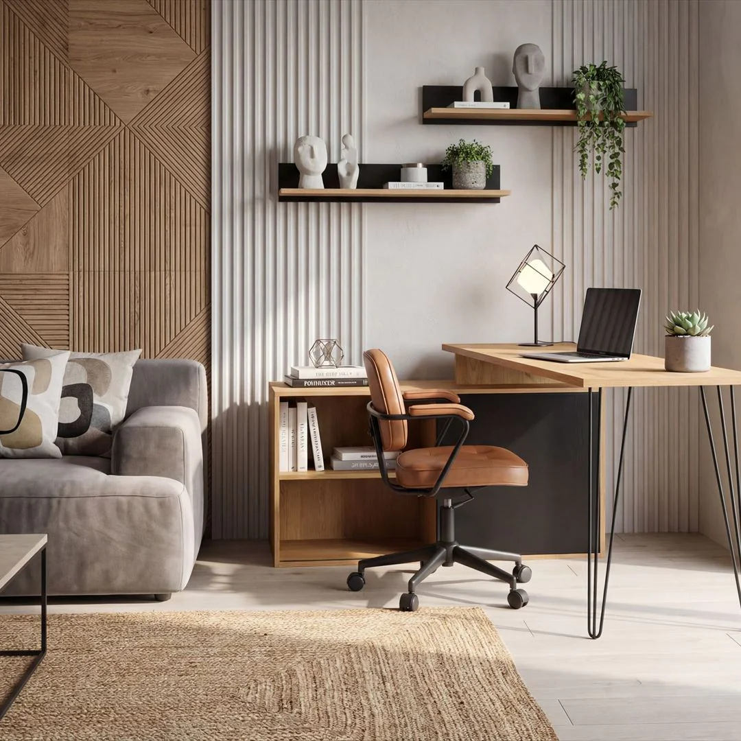 Eckschreibtisch MDF 130 cm L-Form mit Regal - Eiche-Dekor/Schwarz