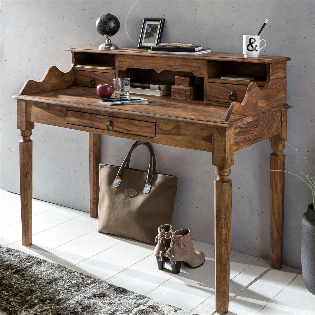 Schreibtisch Massivholz Sheesham Sekretär 115 x 60 cm - 3 Schubladen