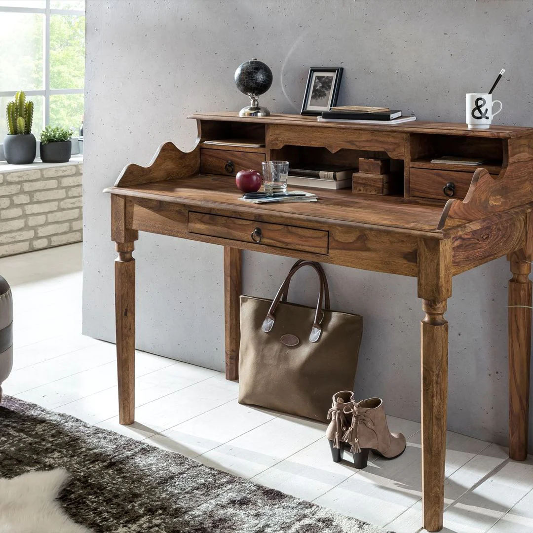 Schreibtisch Massivholz Sheesham Sekretär 115 x 60 cm - 3 Schubladen