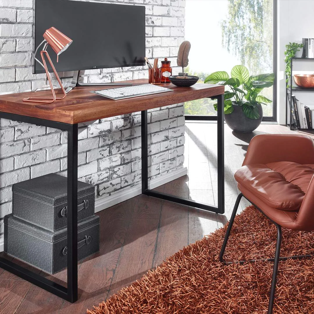 Schreibtisch Sheesham Massivholz / Metall 117 x 59 cm - Dunkel