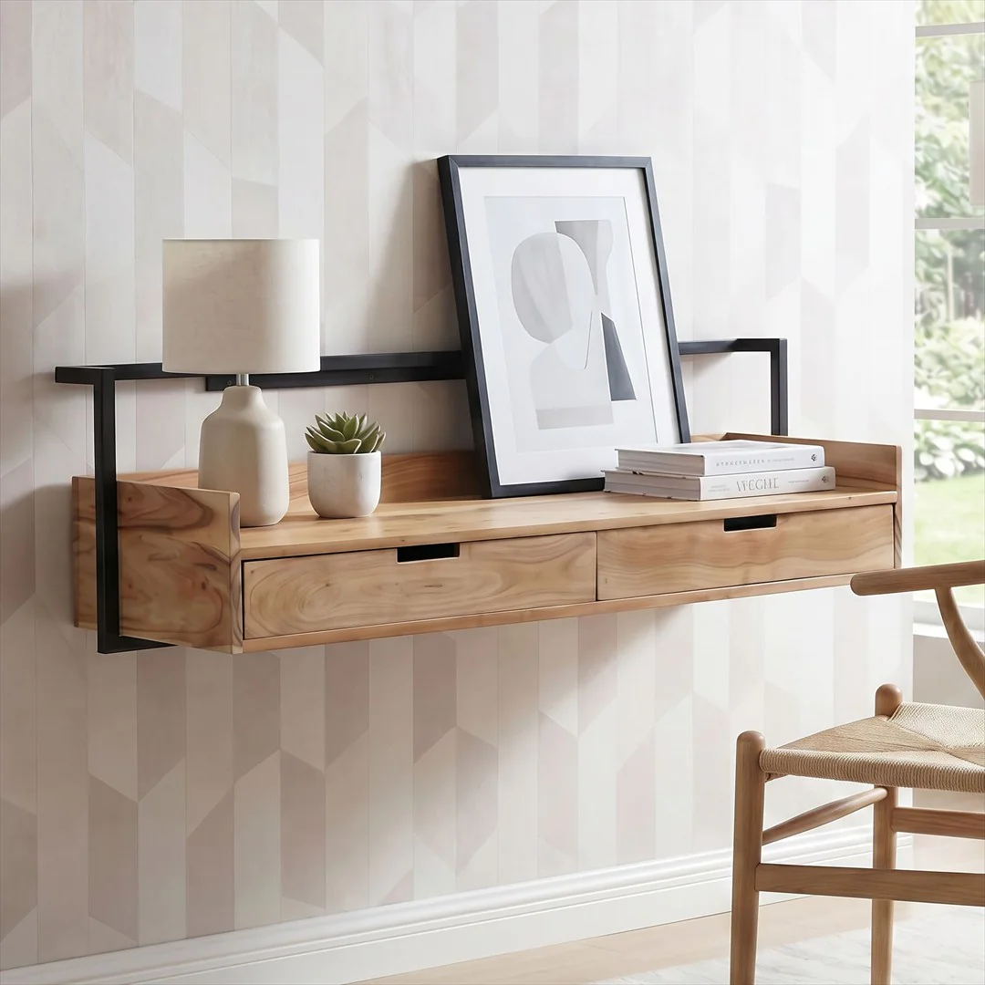 Wandschreibtisch Akazie Massivholz 120 cm - 2 Schubladen