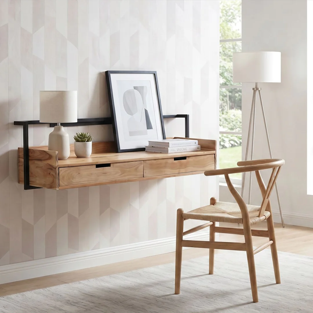 Wandschreibtisch Akazie Massivholz 120 cm - 2 Schubladen